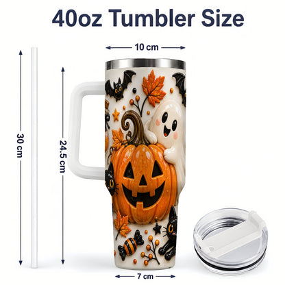 #pl[40oz|White] Halloween Pumpkin 40oz Tumbler, Black Cat Ghost Autumn Scene Artwork