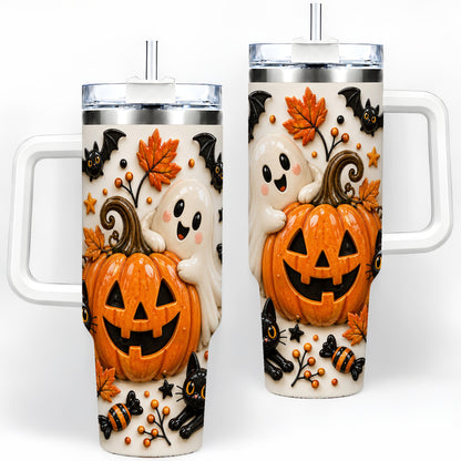 Halloween Pumpkin 40oz Tumbler, Black Cat Ghost Autumn Scene Artwork