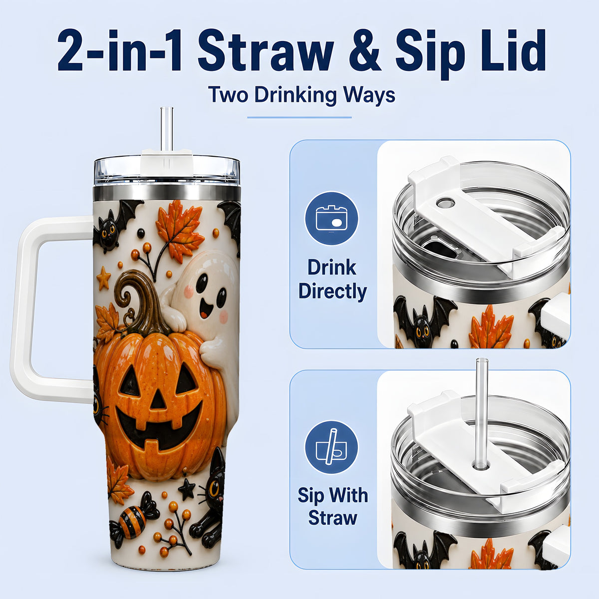 #pl[40oz|White] Halloween Pumpkin 40oz Tumbler, Black Cat Ghost Autumn Scene Artwork