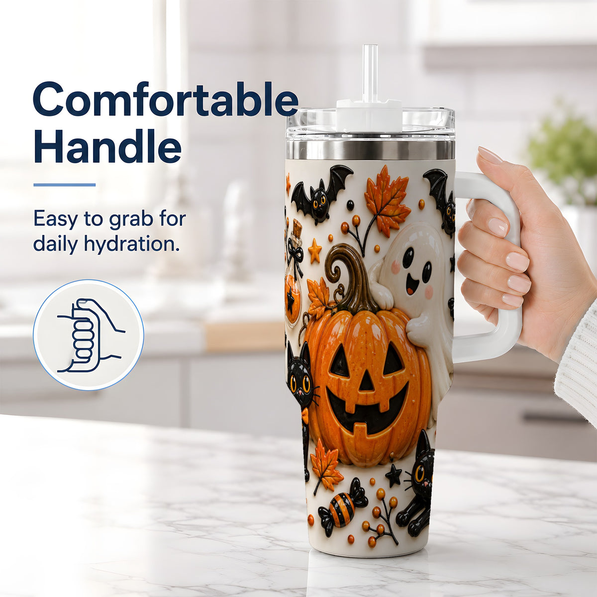 #pl[40oz|White] Halloween Pumpkin 40oz Tumbler, Black Cat Ghost Autumn Scene Artwork
