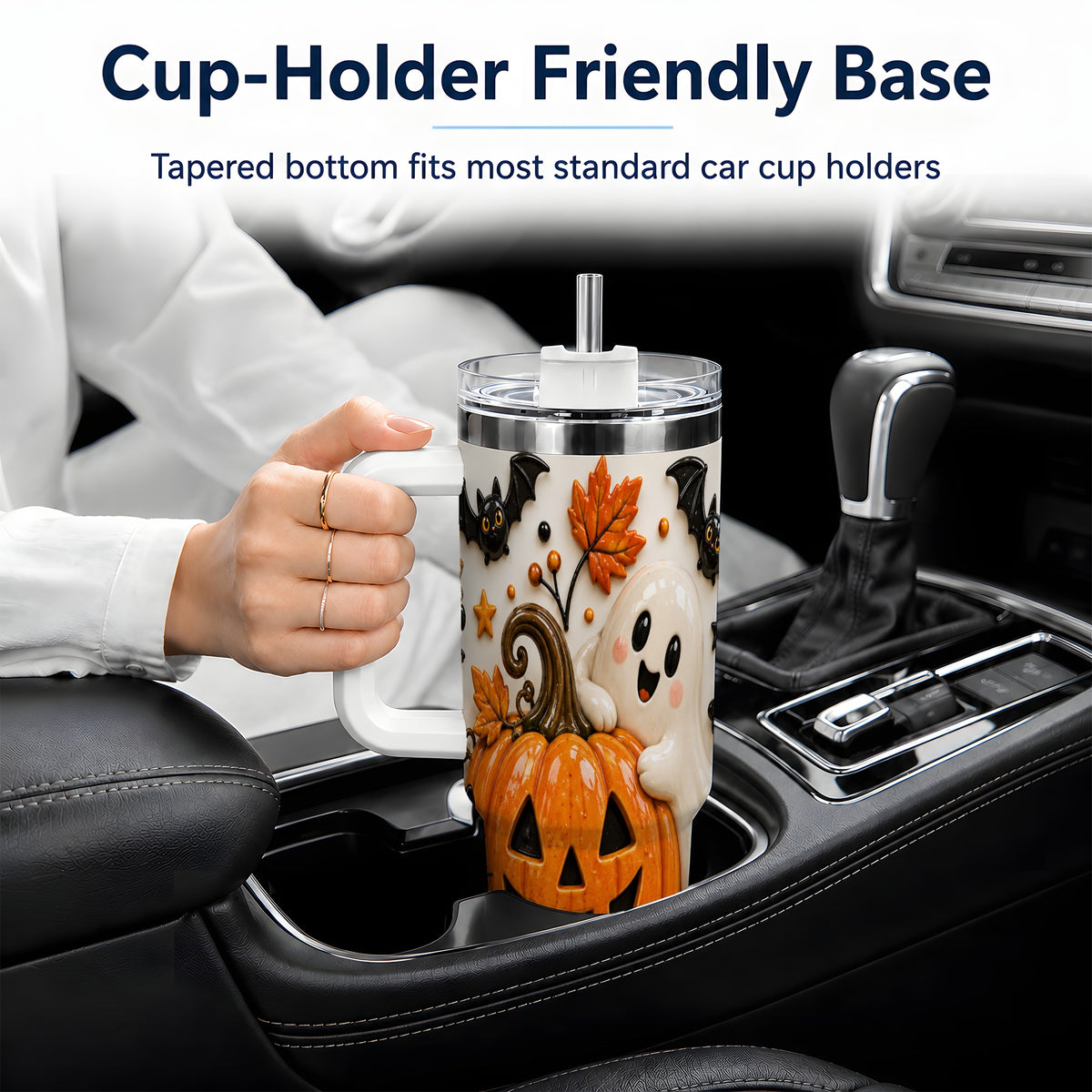 #pl[40oz|White] Halloween Pumpkin 40oz Tumbler, Black Cat Ghost Autumn Scene Artwork