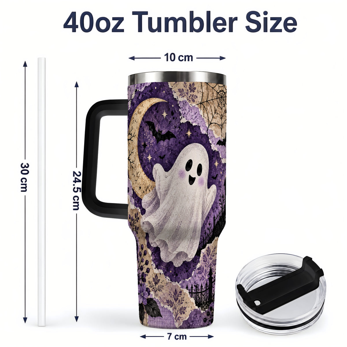 #pl[40oz|Black] Vintage Halloween 40oz Tumbler, Ghost Moon Haunted House Collage Artwork
