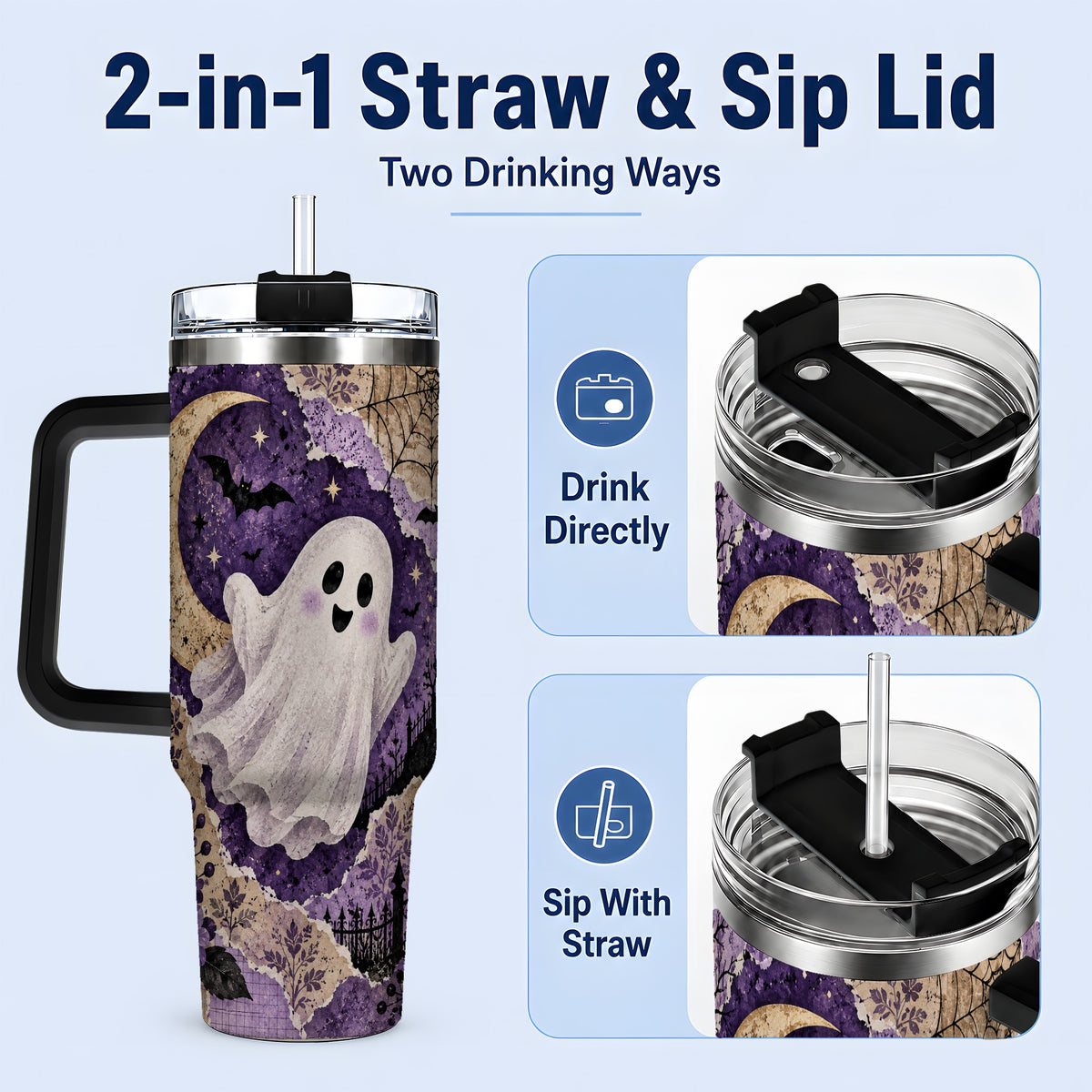 #pl[40oz|Black] Vintage Halloween 40oz Tumbler, Ghost Moon Haunted House Collage Artwork