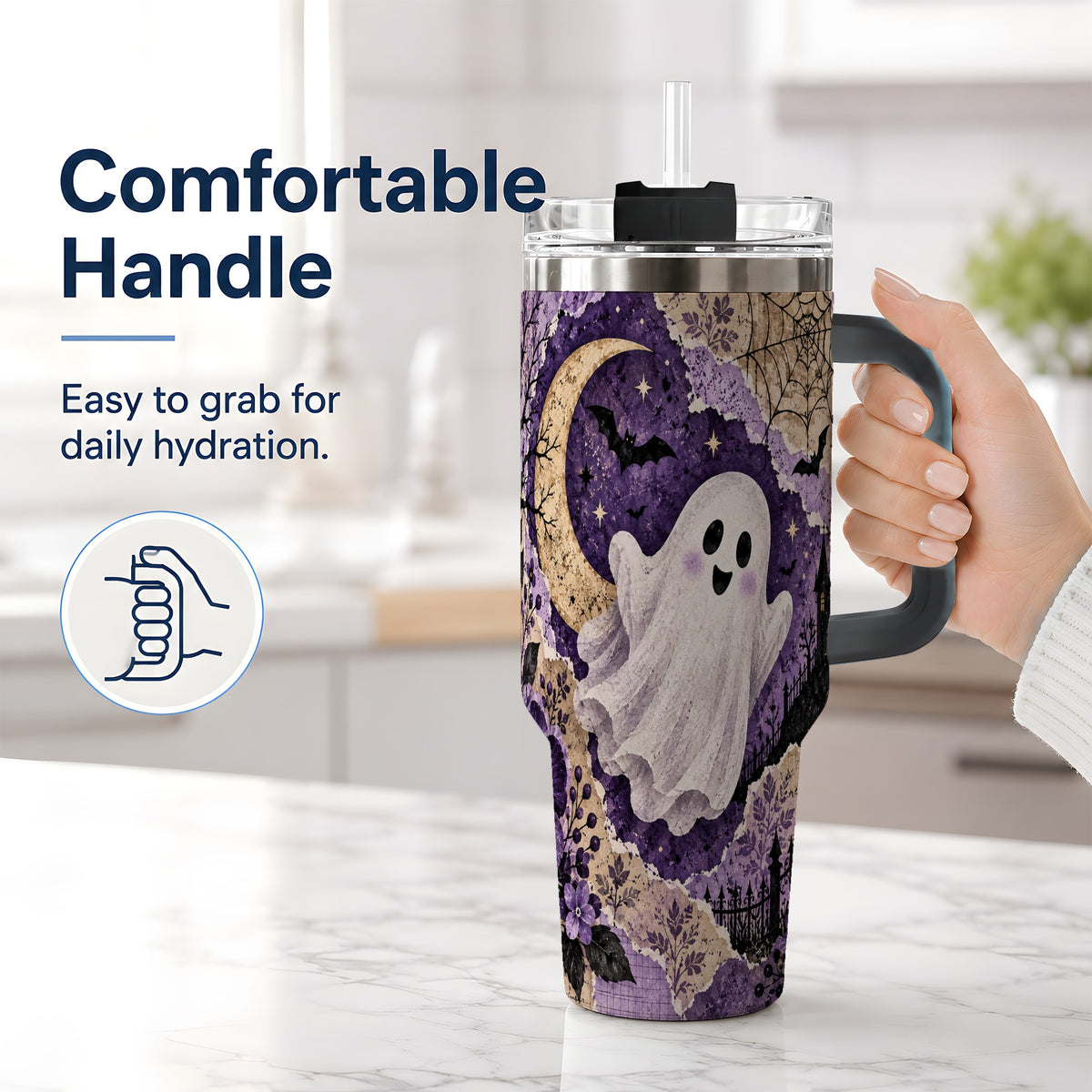 #pl[40oz|Black] Vintage Halloween 40oz Tumbler, Ghost Moon Haunted House Collage Artwork