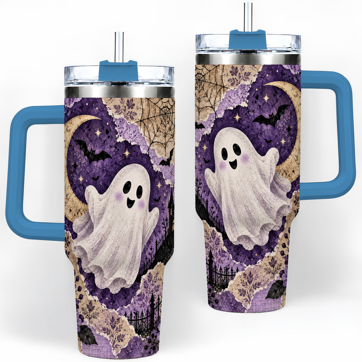#pl[40oz|Blue] Vintage Halloween 40oz Tumbler, Ghost Moon Haunted House Collage Artwork