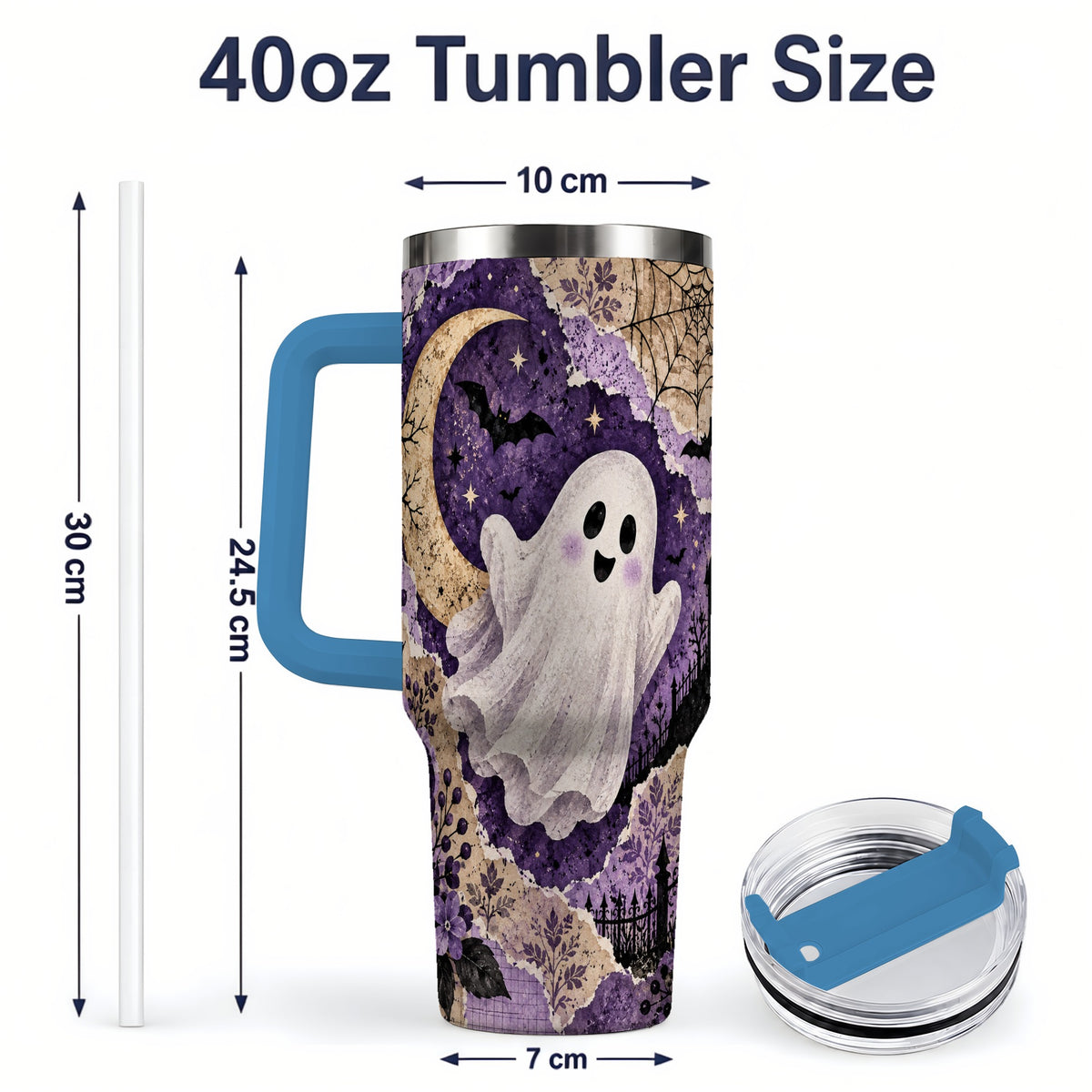 #pl[40oz|Blue] Vintage Halloween 40oz Tumbler, Ghost Moon Haunted House Collage Artwork