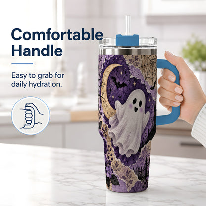 #pl[40oz|Blue] Vintage Halloween 40oz Tumbler, Ghost Moon Haunted House Collage Artwork