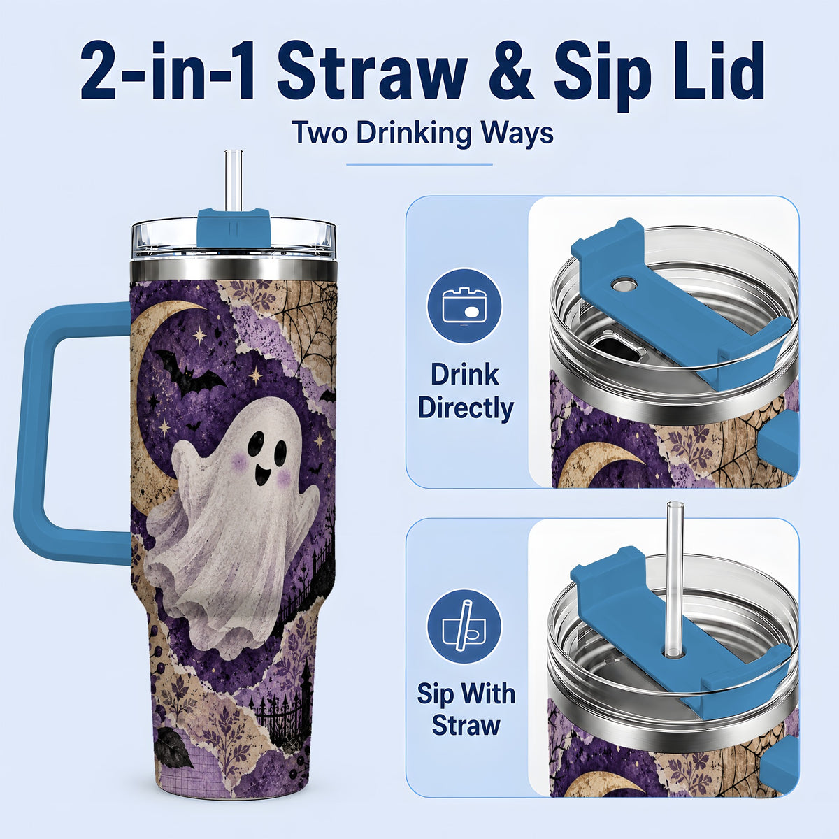 #pl[40oz|Blue] Vintage Halloween 40oz Tumbler, Ghost Moon Haunted House Collage Artwork