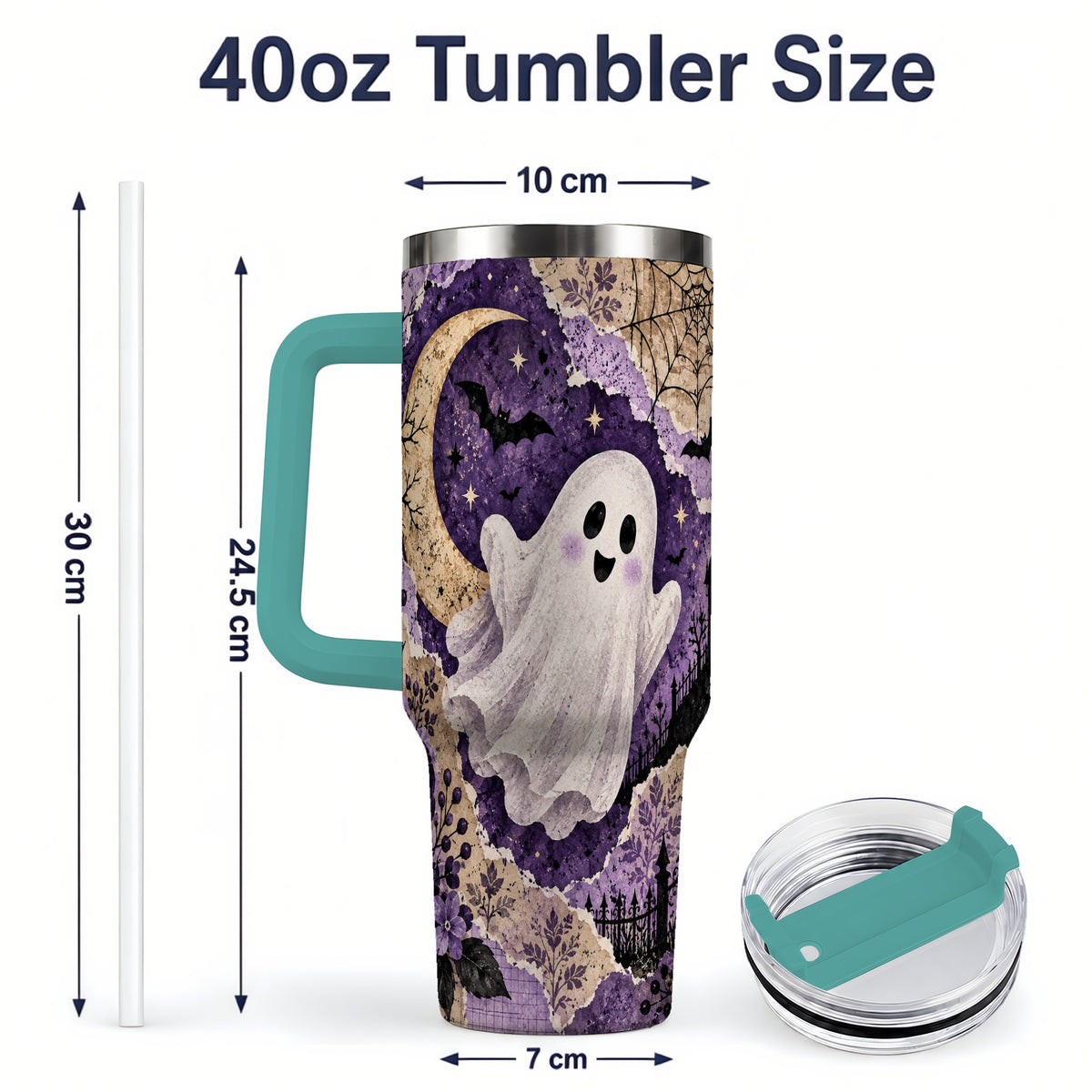 #pl[40oz|Green] Vintage Halloween 40oz Tumbler, Ghost Moon Haunted House Collage Artwork