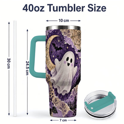 #pl[40oz|Green] Vintage Halloween 40oz Tumbler, Ghost Moon Haunted House Collage Artwork