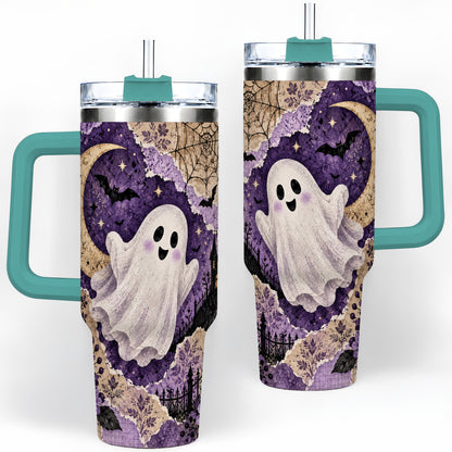 #pl[40oz|Green] Vintage Halloween 40oz Tumbler, Ghost Moon Haunted House Collage Artwork