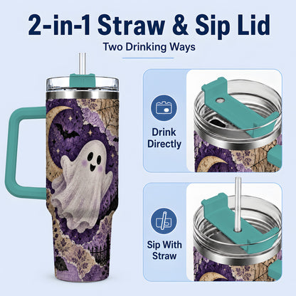#pl[40oz|Green] Vintage Halloween 40oz Tumbler, Ghost Moon Haunted House Collage Artwork