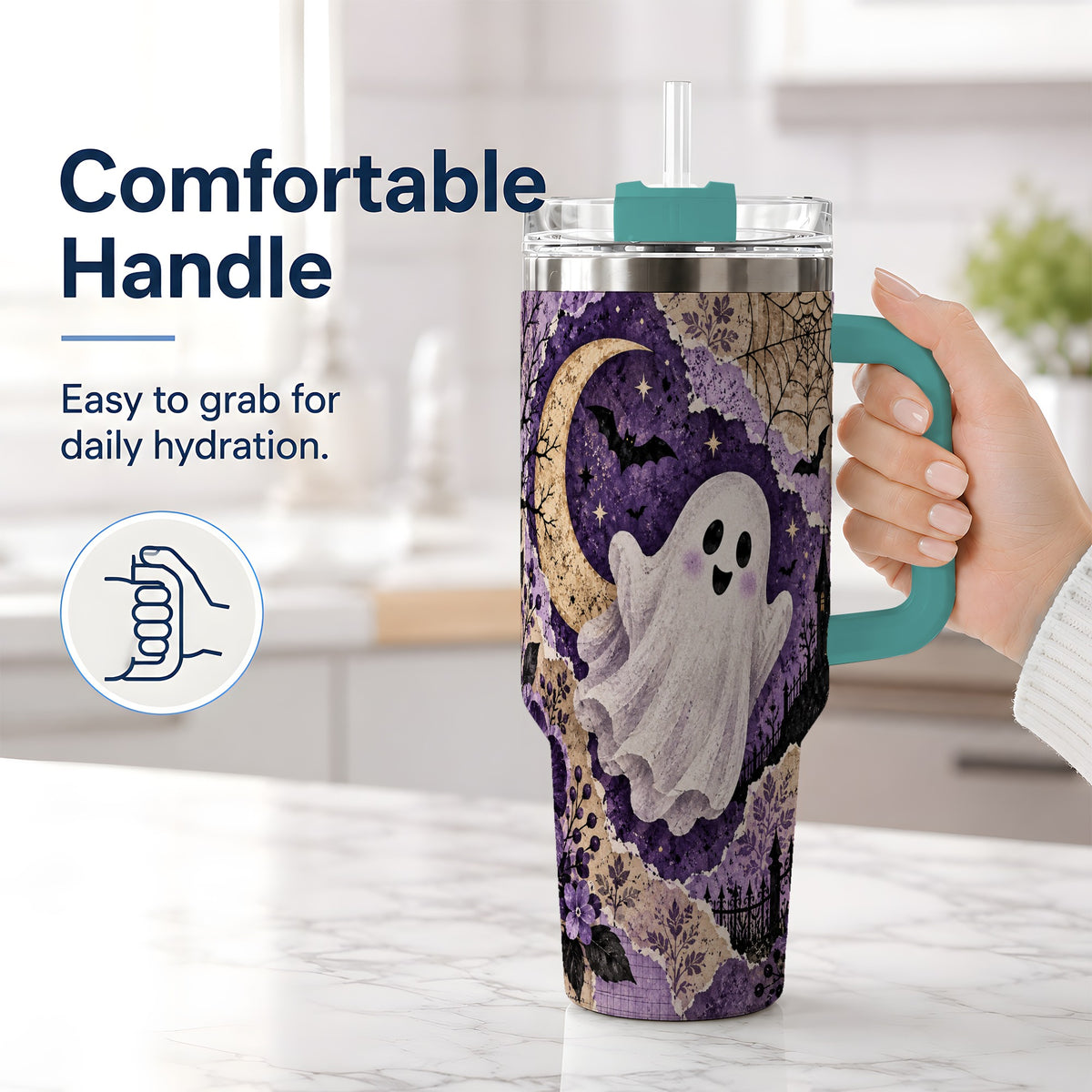 #pl[40oz|Green] Vintage Halloween 40oz Tumbler, Ghost Moon Haunted House Collage Artwork