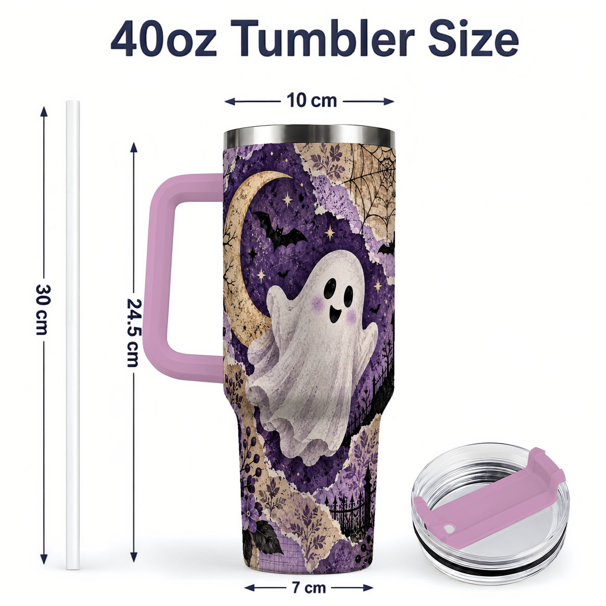 #pl[40oz|Pink] Vintage Halloween 40oz Tumbler, Ghost Moon Haunted House Collage Artwork