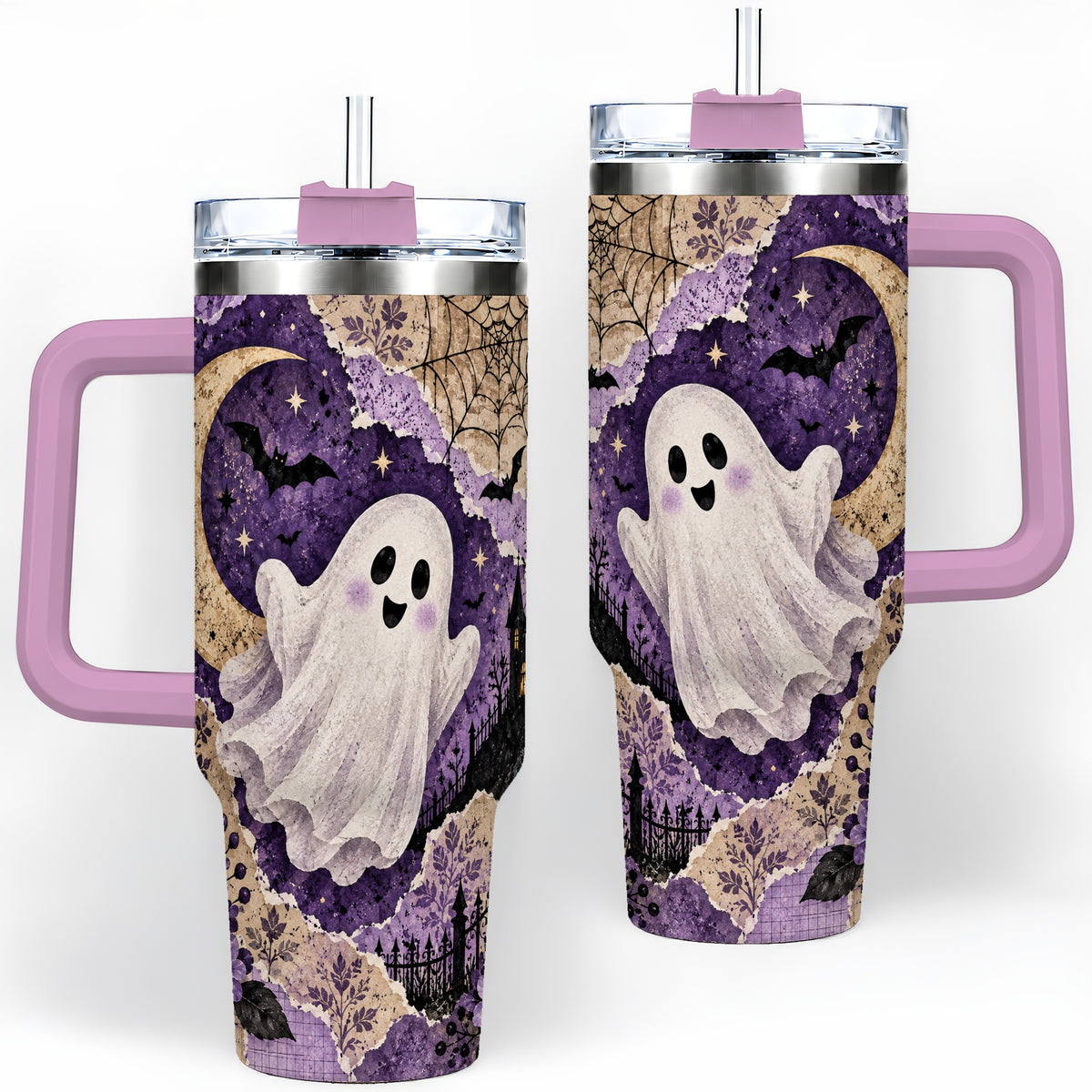 #pl[40oz|Pink] Vintage Halloween 40oz Tumbler, Ghost Moon Haunted House Collage Artwork