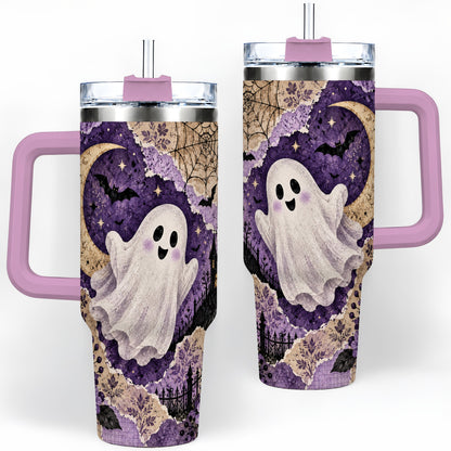 #pl[40oz|Pink] Vintage Halloween 40oz Tumbler, Ghost Moon Haunted House Collage Artwork
