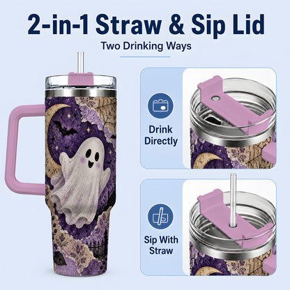#pl[40oz|Pink] Vintage Halloween 40oz Tumbler, Ghost Moon Haunted House Collage Artwork