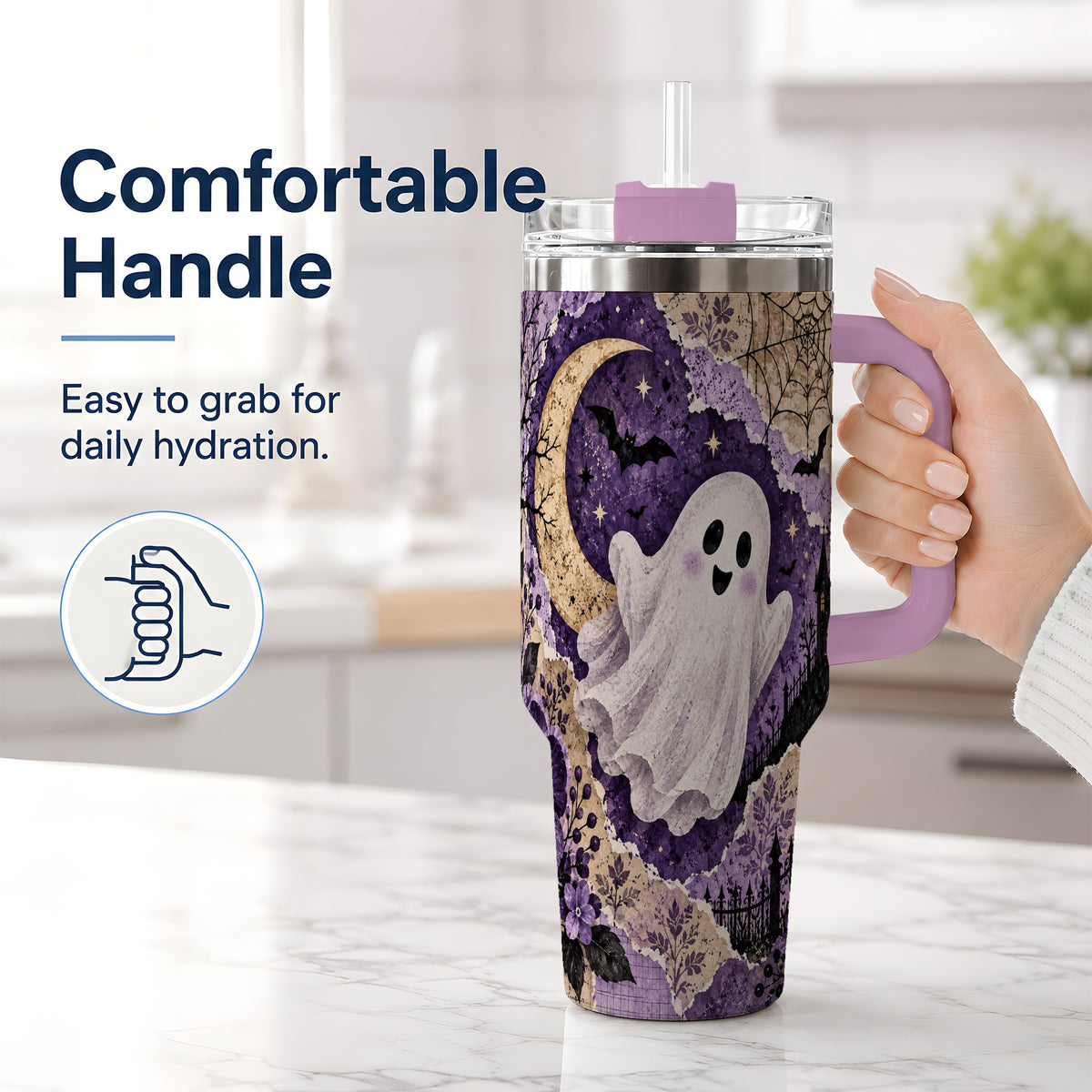 #pl[40oz|Pink] Vintage Halloween 40oz Tumbler, Ghost Moon Haunted House Collage Artwork