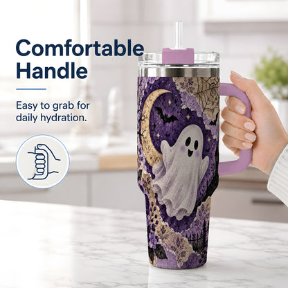 #pl[40oz|Pink] Vintage Halloween 40oz Tumbler, Ghost Moon Haunted House Collage Artwork