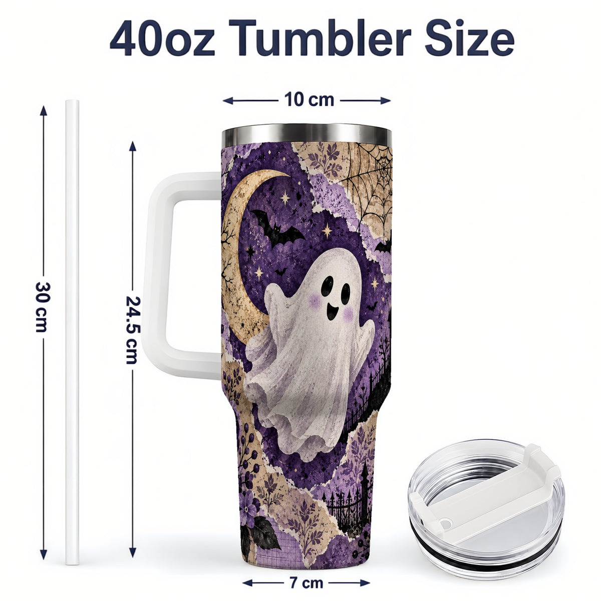 #pl[40oz|White] Vintage Halloween 40oz Tumbler, Ghost Moon Haunted House Collage Artwork