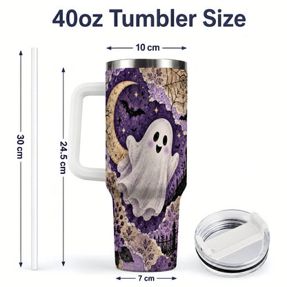#pl[40oz|White] Vintage Halloween 40oz Tumbler, Ghost Moon Haunted House Collage Artwork