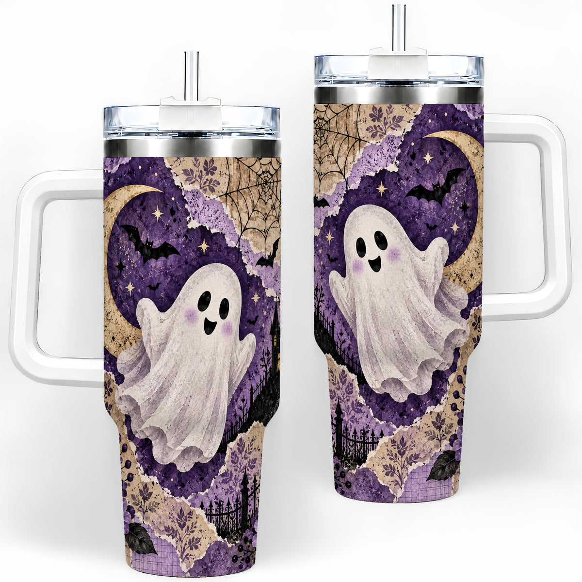 Vintage Halloween 40oz Tumbler, Ghost Moon Haunted House Collage Artwork