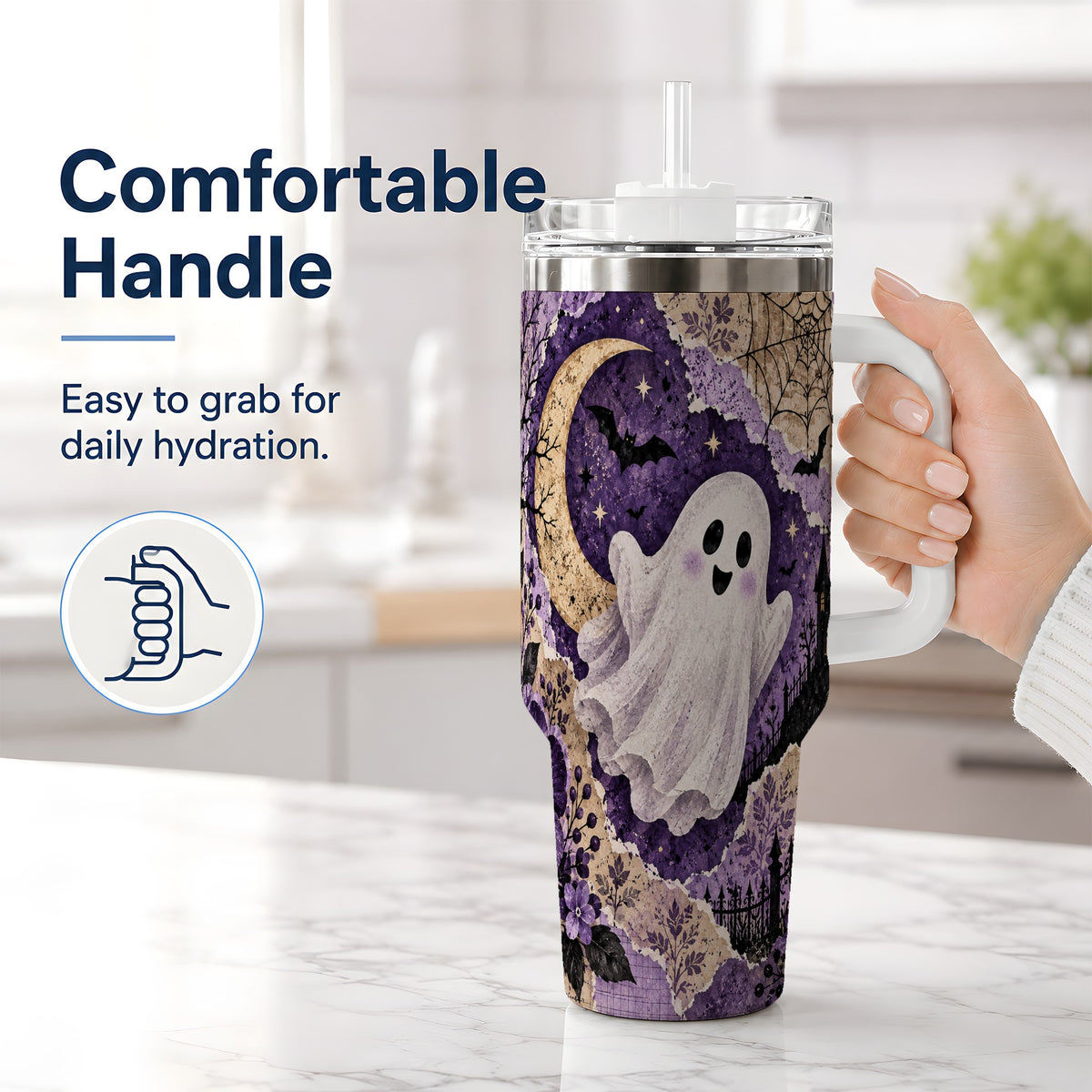 #pl[40oz|White] Vintage Halloween 40oz Tumbler, Ghost Moon Haunted House Collage Artwork