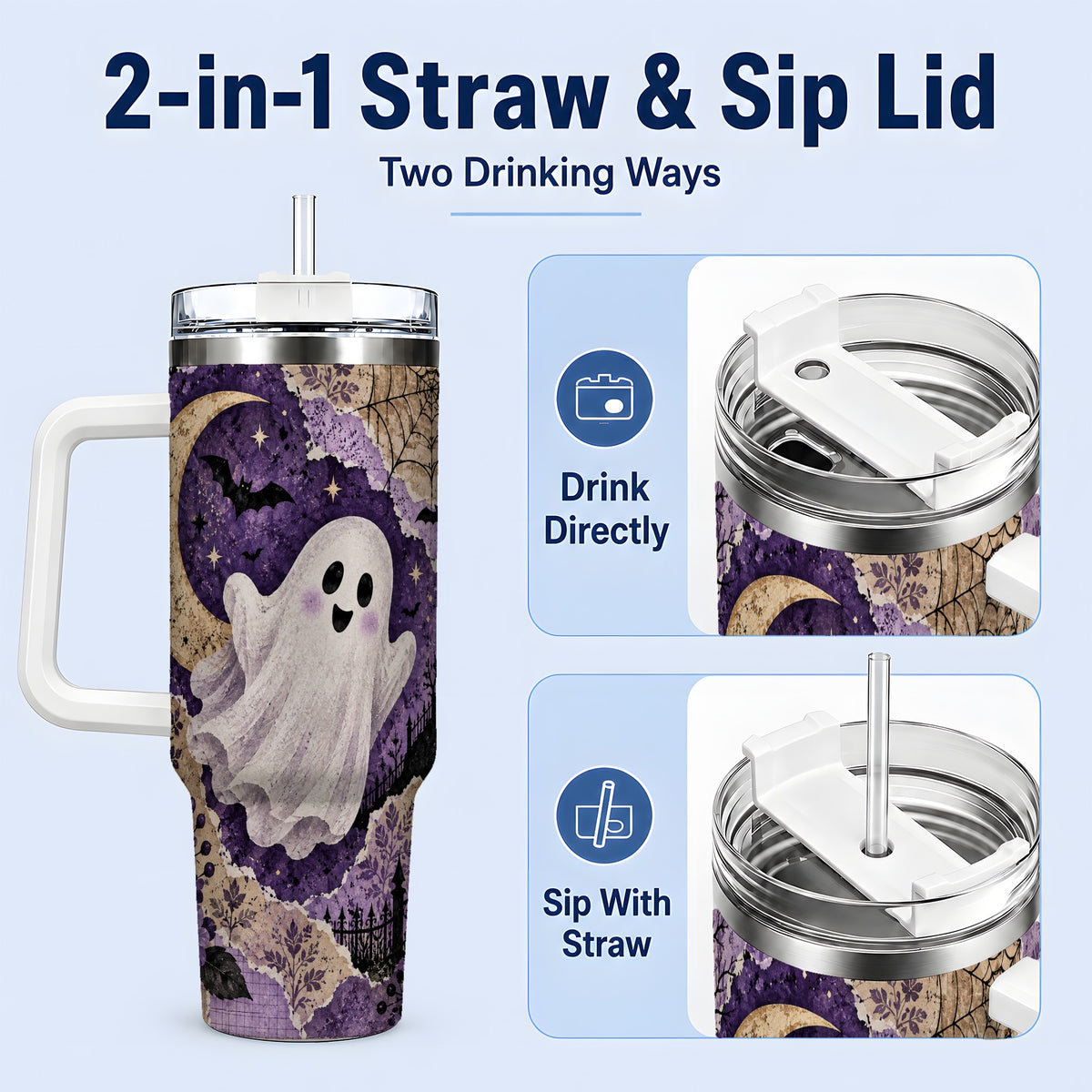 #pl[40oz|White] Vintage Halloween 40oz Tumbler, Ghost Moon Haunted House Collage Artwork