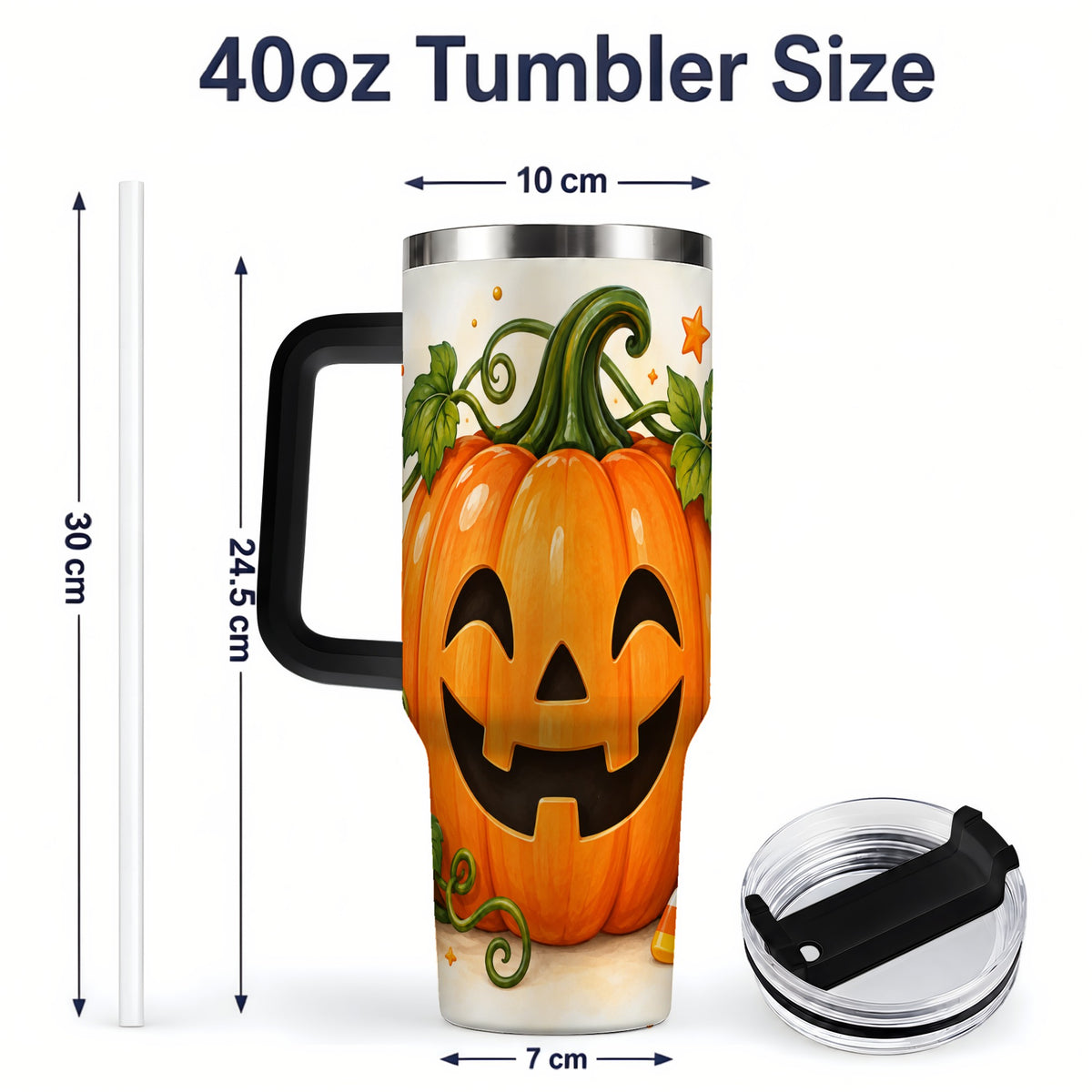 #pl[40oz|Black] Jack O Lantern 40oz Tumbler, Pumpkin Vine Candy Corn Halloween Art