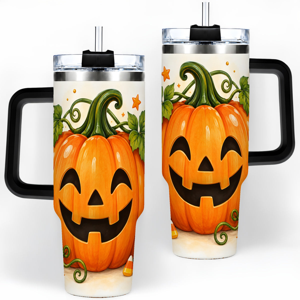 #pl[40oz|Black] Jack O Lantern 40oz Tumbler, Pumpkin Vine Candy Corn Halloween Art