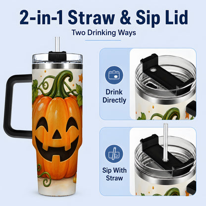 #pl[40oz|Black] Jack O Lantern 40oz Tumbler, Pumpkin Vine Candy Corn Halloween Art