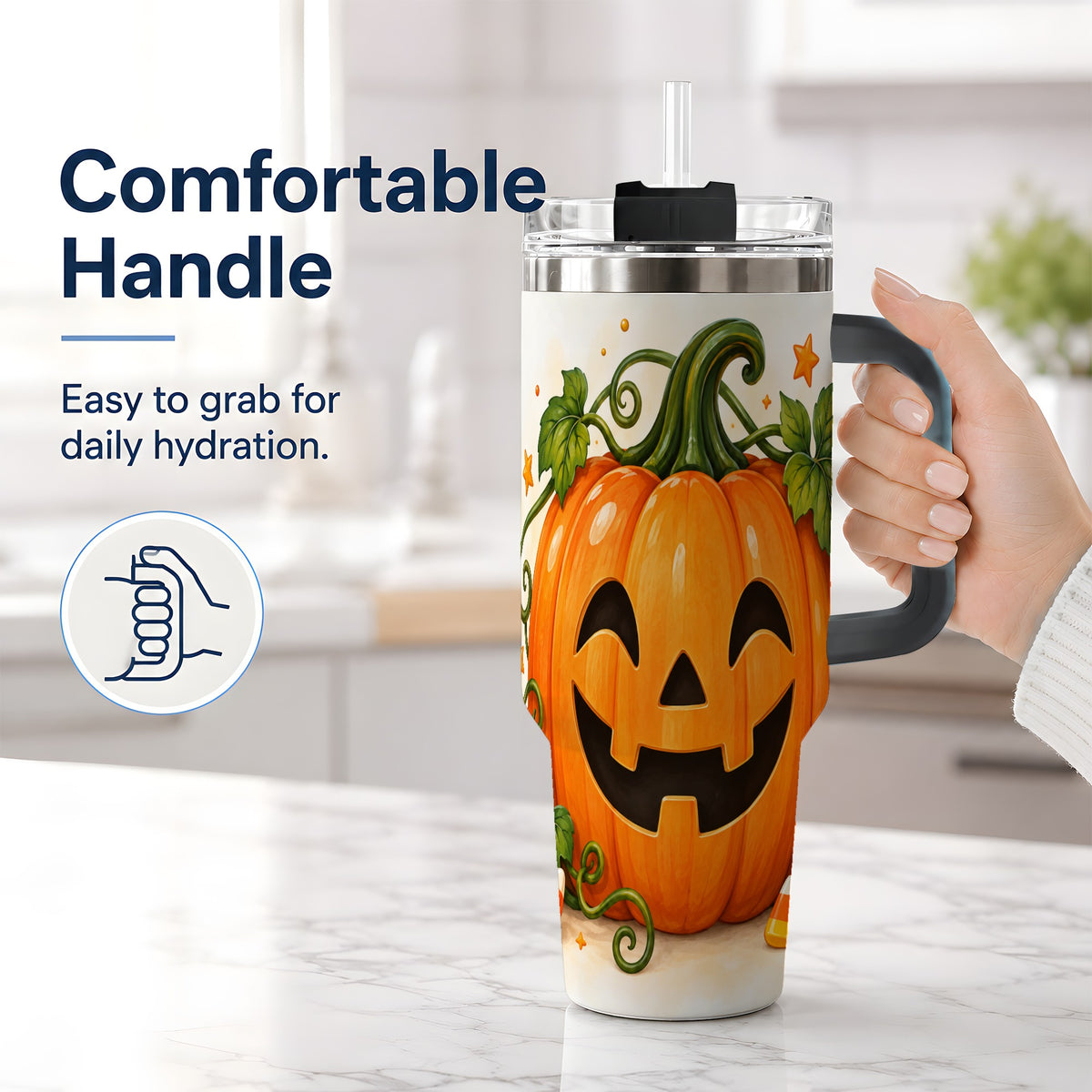 #pl[40oz|Black] Jack O Lantern 40oz Tumbler, Pumpkin Vine Candy Corn Halloween Art