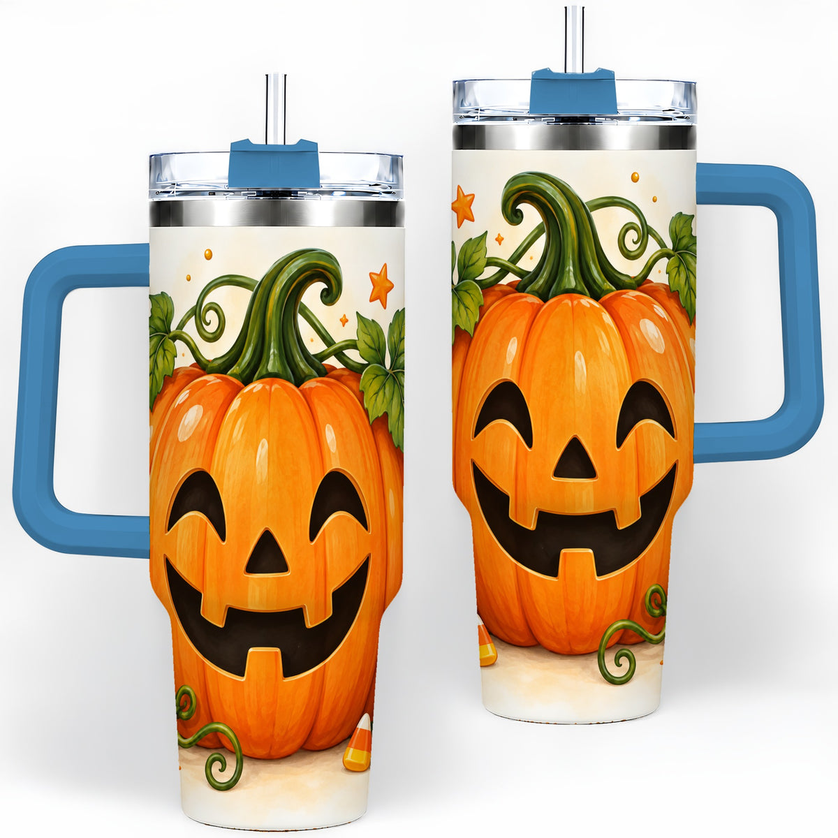 #pl[40oz|Blue] Jack O Lantern 40oz Tumbler, Pumpkin Vine Candy Corn Halloween Art