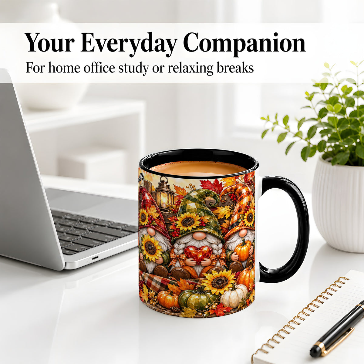 #pl[11oz|Black] Autumn Gnome Ceramic Mug, Pumpkin Sunflower Art for Gnome Lovers