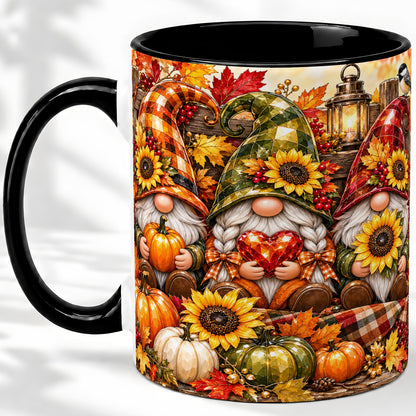 #pl[11oz|Black] Autumn Gnome Ceramic Mug, Pumpkin Sunflower Art for Gnome Lovers