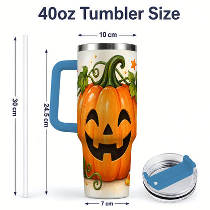 #pl[40oz|Blue] Jack O Lantern 40oz Tumbler, Pumpkin Vine Candy Corn Halloween Art
