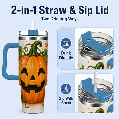 #pl[40oz|Blue] Jack O Lantern 40oz Tumbler, Pumpkin Vine Candy Corn Halloween Art