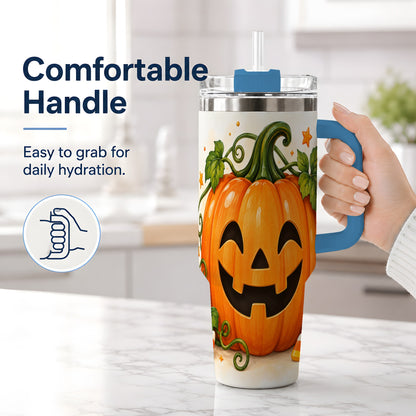 #pl[40oz|Blue] Jack O Lantern 40oz Tumbler, Pumpkin Vine Candy Corn Halloween Art