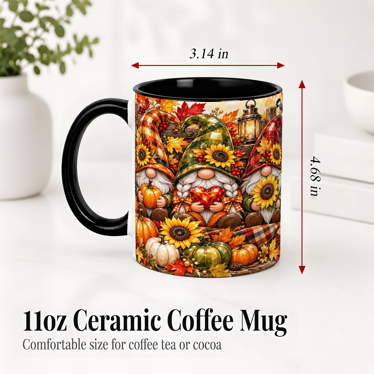 #pl[11oz|Black] Autumn Gnome Ceramic Mug, Pumpkin Sunflower Art for Gnome Lovers