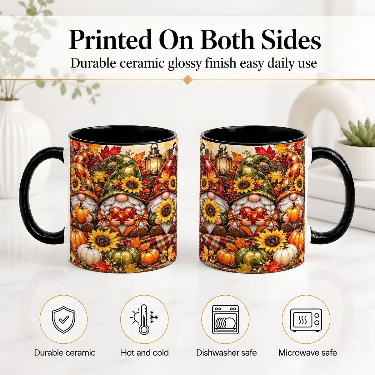 #pl[11oz|Black] Autumn Gnome Ceramic Mug, Pumpkin Sunflower Art for Gnome Lovers
