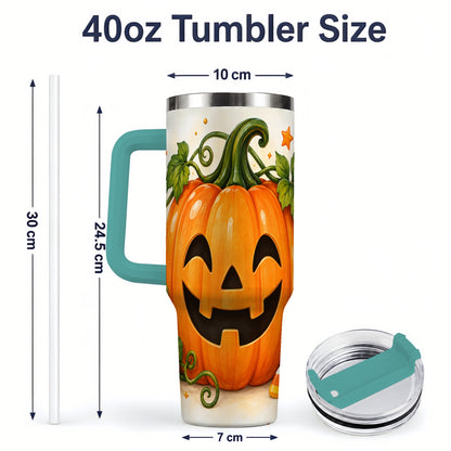 #pl[40oz|Green] Jack O Lantern 40oz Tumbler, Pumpkin Vine Candy Corn Halloween Art