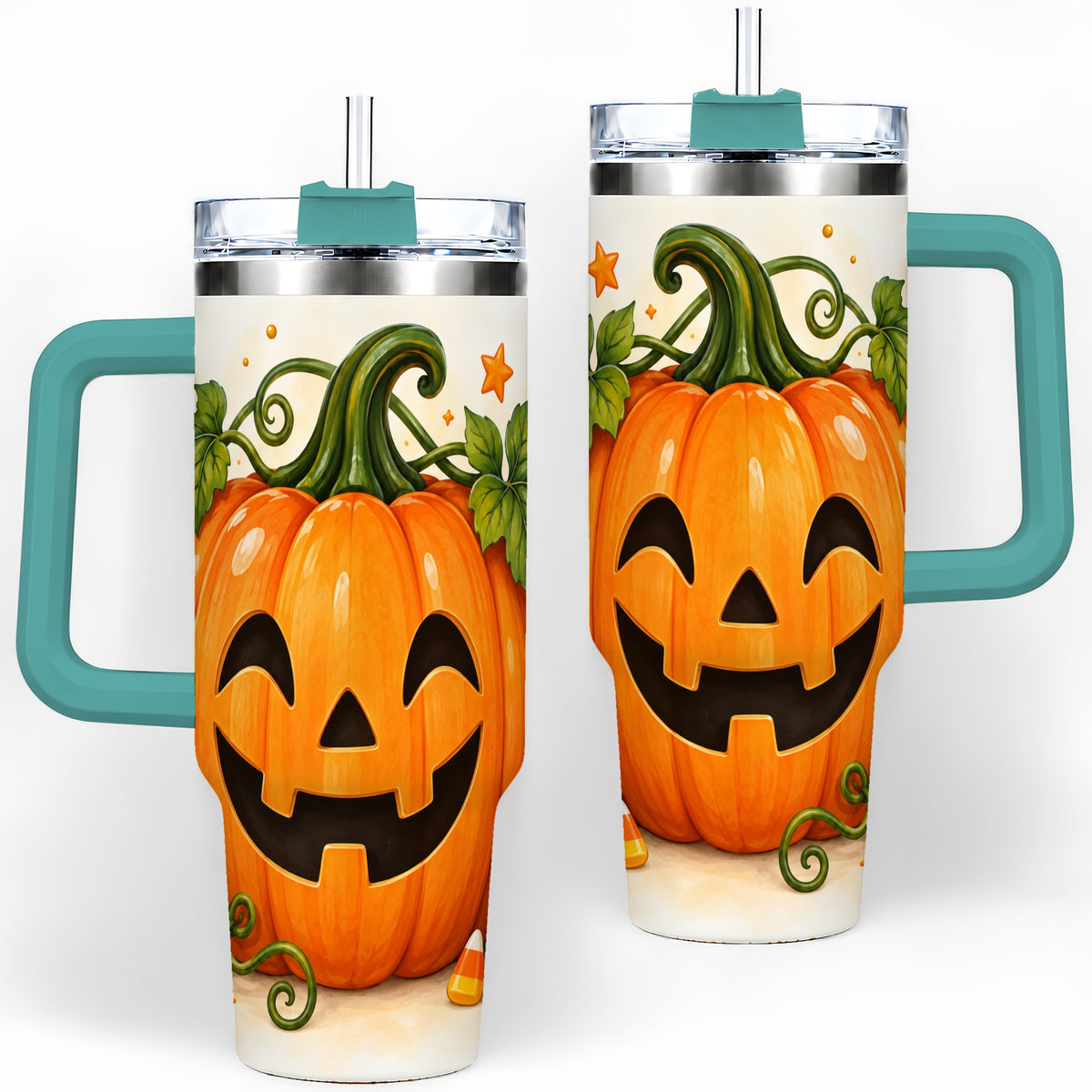 #pl[40oz|Green] Jack O Lantern 40oz Tumbler, Pumpkin Vine Candy Corn Halloween Art