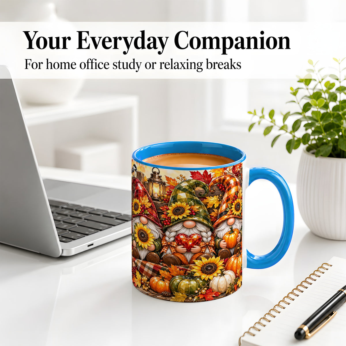 #pl[11oz|Blue] Autumn Gnome Ceramic Mug, Pumpkin Sunflower Art for Gnome Lovers