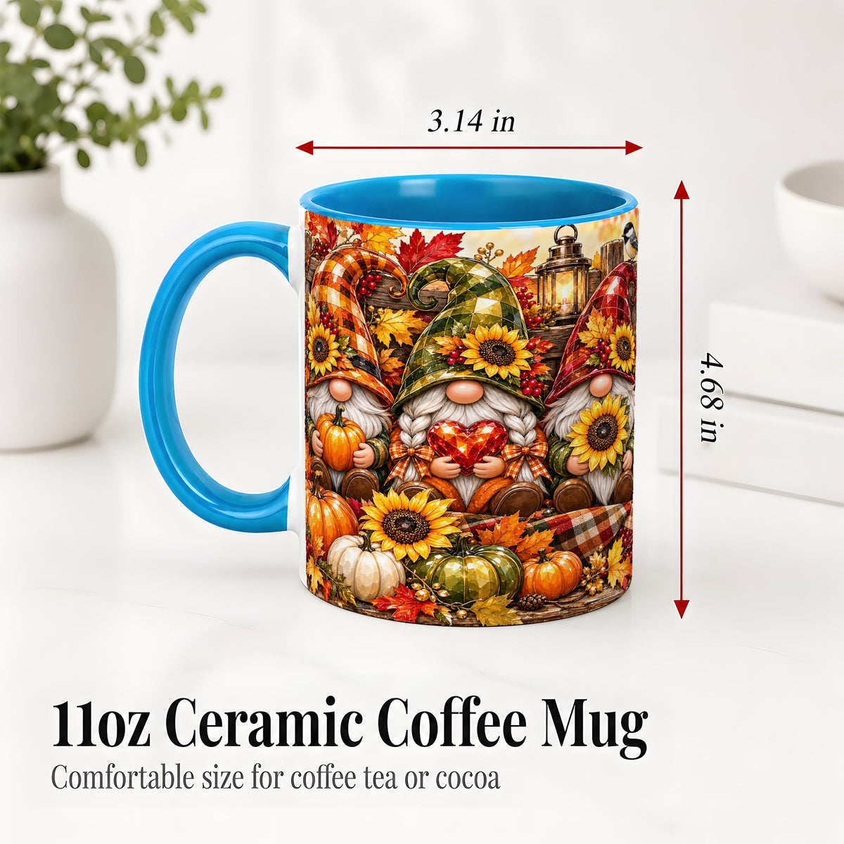 #pl[11oz|Blue] Autumn Gnome Ceramic Mug, Pumpkin Sunflower Art for Gnome Lovers