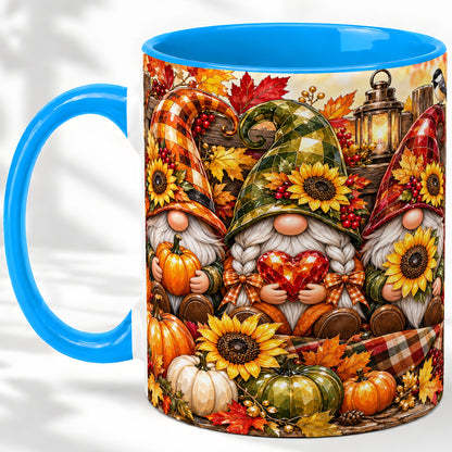 #pl[11oz|Blue] Autumn Gnome Ceramic Mug, Pumpkin Sunflower Art for Gnome Lovers