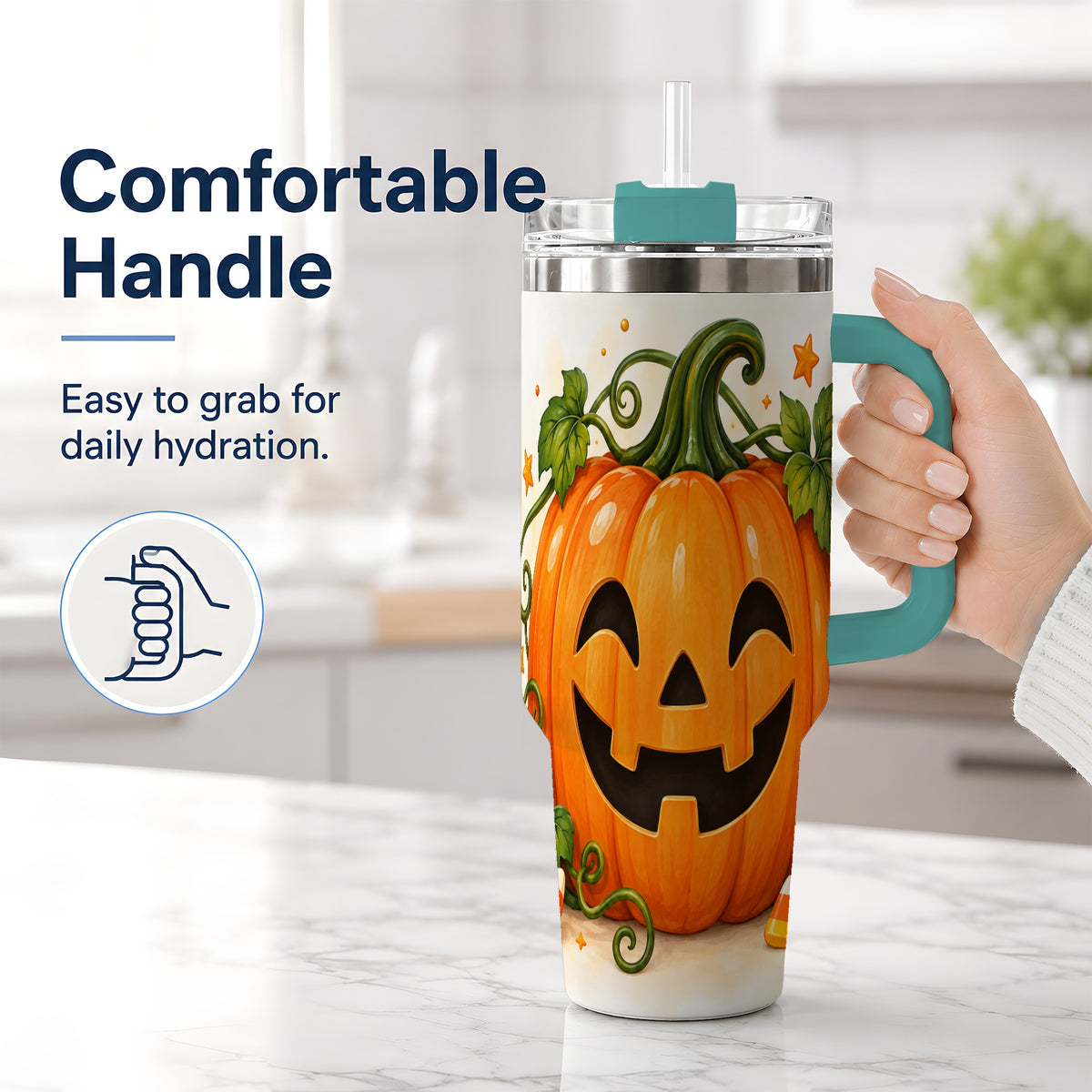 #pl[40oz|Green] Jack O Lantern 40oz Tumbler, Pumpkin Vine Candy Corn Halloween Art