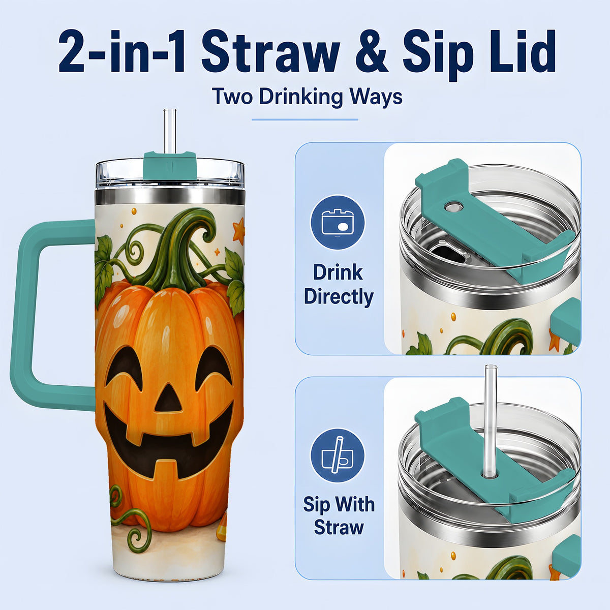 #pl[40oz|Green] Jack O Lantern 40oz Tumbler, Pumpkin Vine Candy Corn Halloween Art