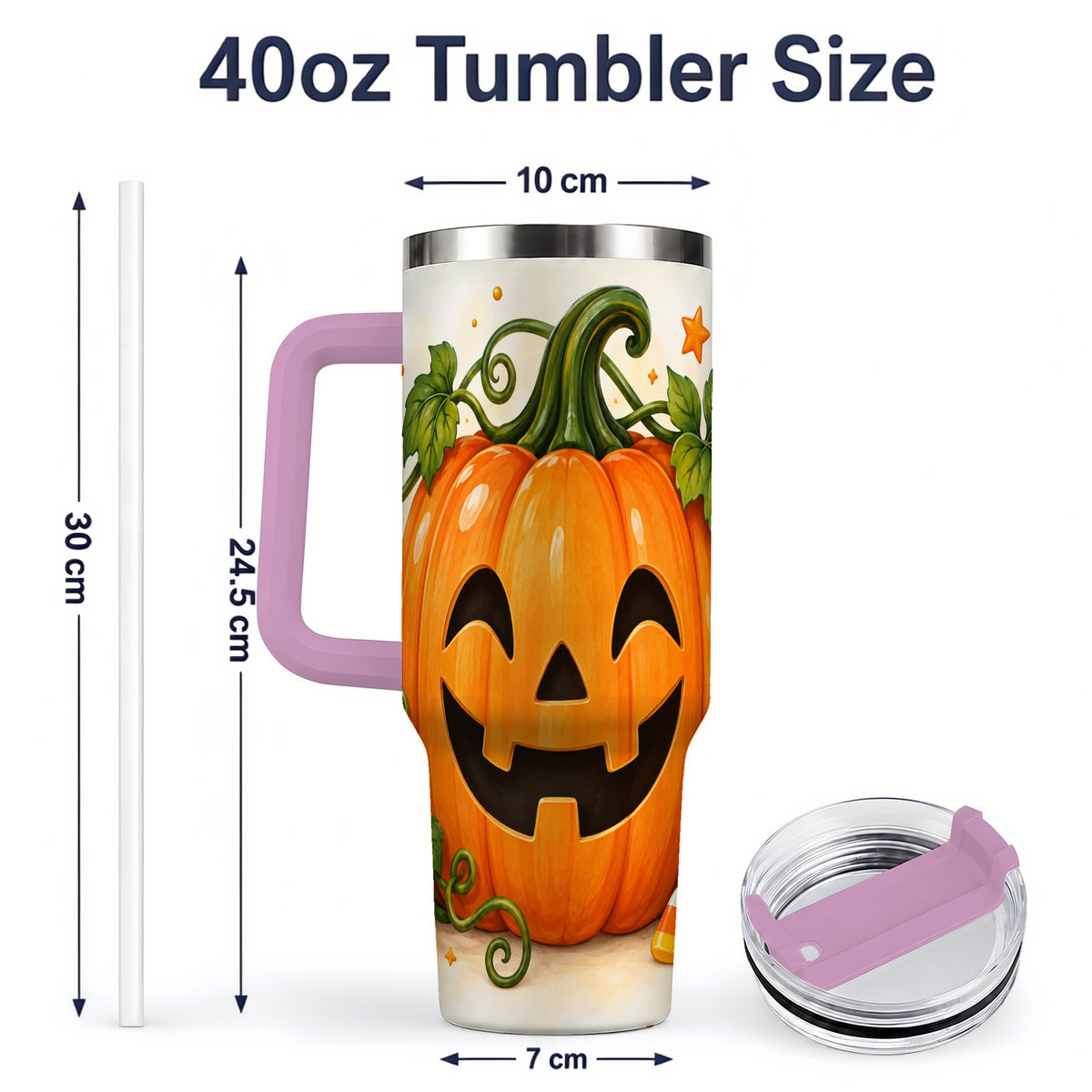 #pl[40oz|Pink] Jack O Lantern 40oz Tumbler, Pumpkin Vine Candy Corn Halloween Art