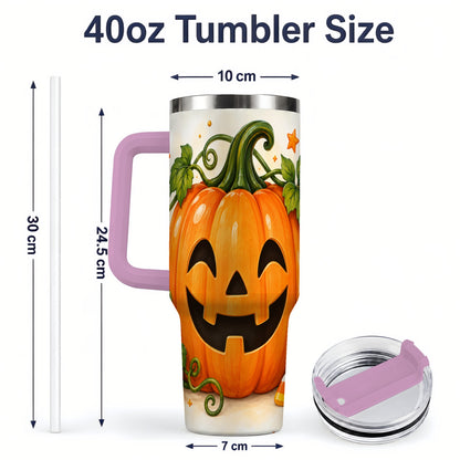 #pl[40oz|Pink] Jack O Lantern 40oz Tumbler, Pumpkin Vine Candy Corn Halloween Art