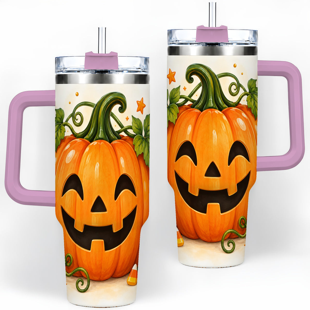 #pl[40oz|Pink] Jack O Lantern 40oz Tumbler, Pumpkin Vine Candy Corn Halloween Art